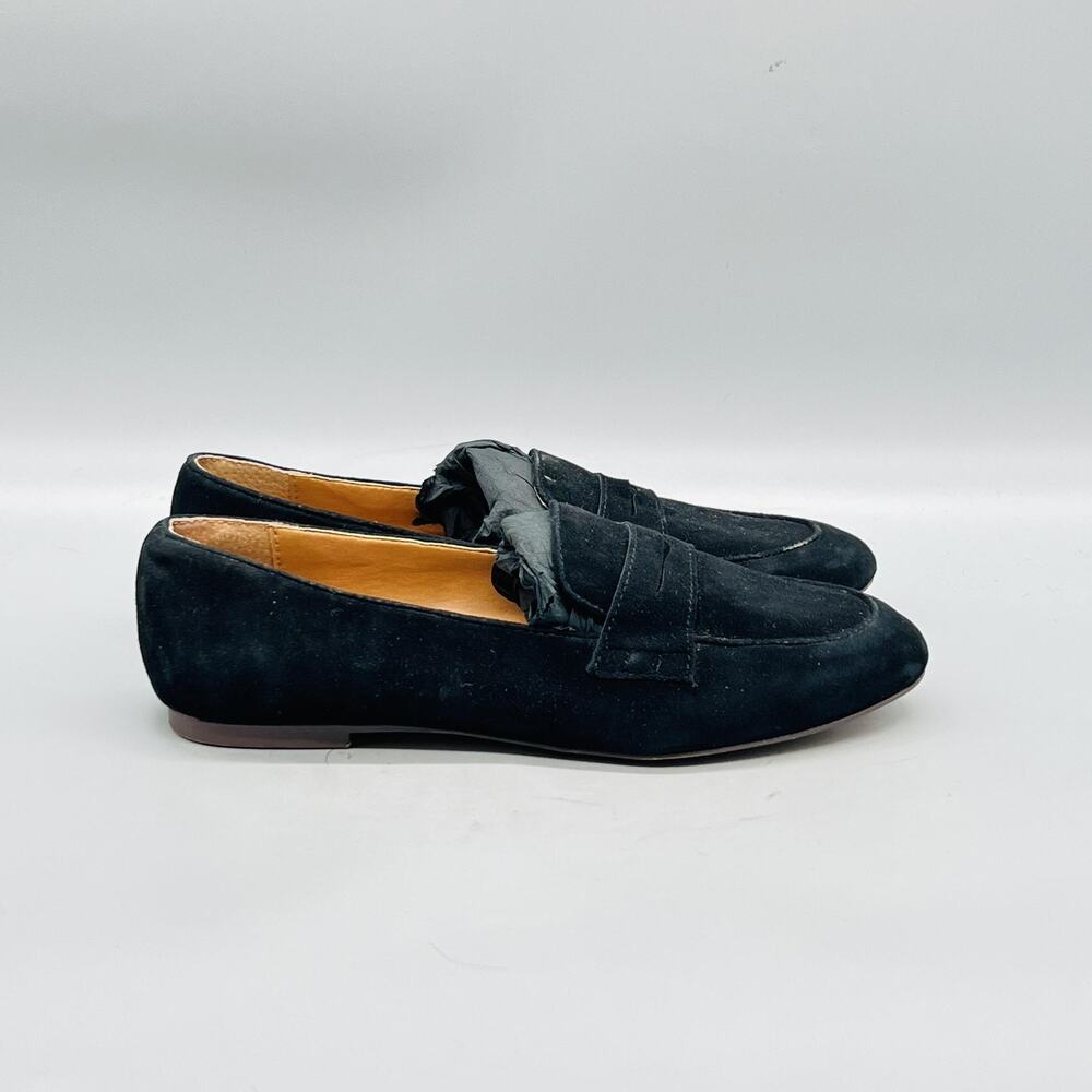 J Crew Shoes Womens 5.5 Black Suede Penny Loafer Flats Almond Toe Slip On Casual